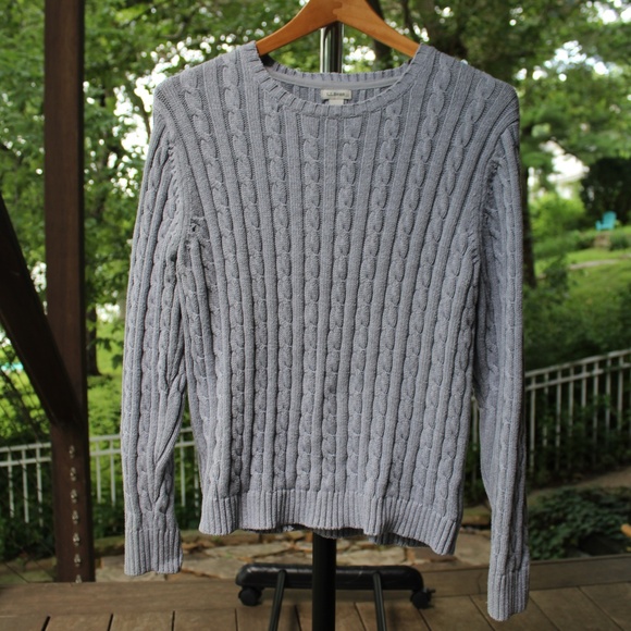 LL Bean Cable Knit Sweater Women PETITE Large 100% Cotton Pullover Crewneck Gray - Picture 1 of 7